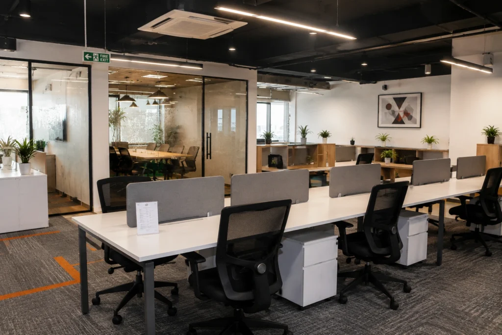 Bright modern managed office space in Central Pune with collaborative workstations, meeting rooms, and professionals working comfortably