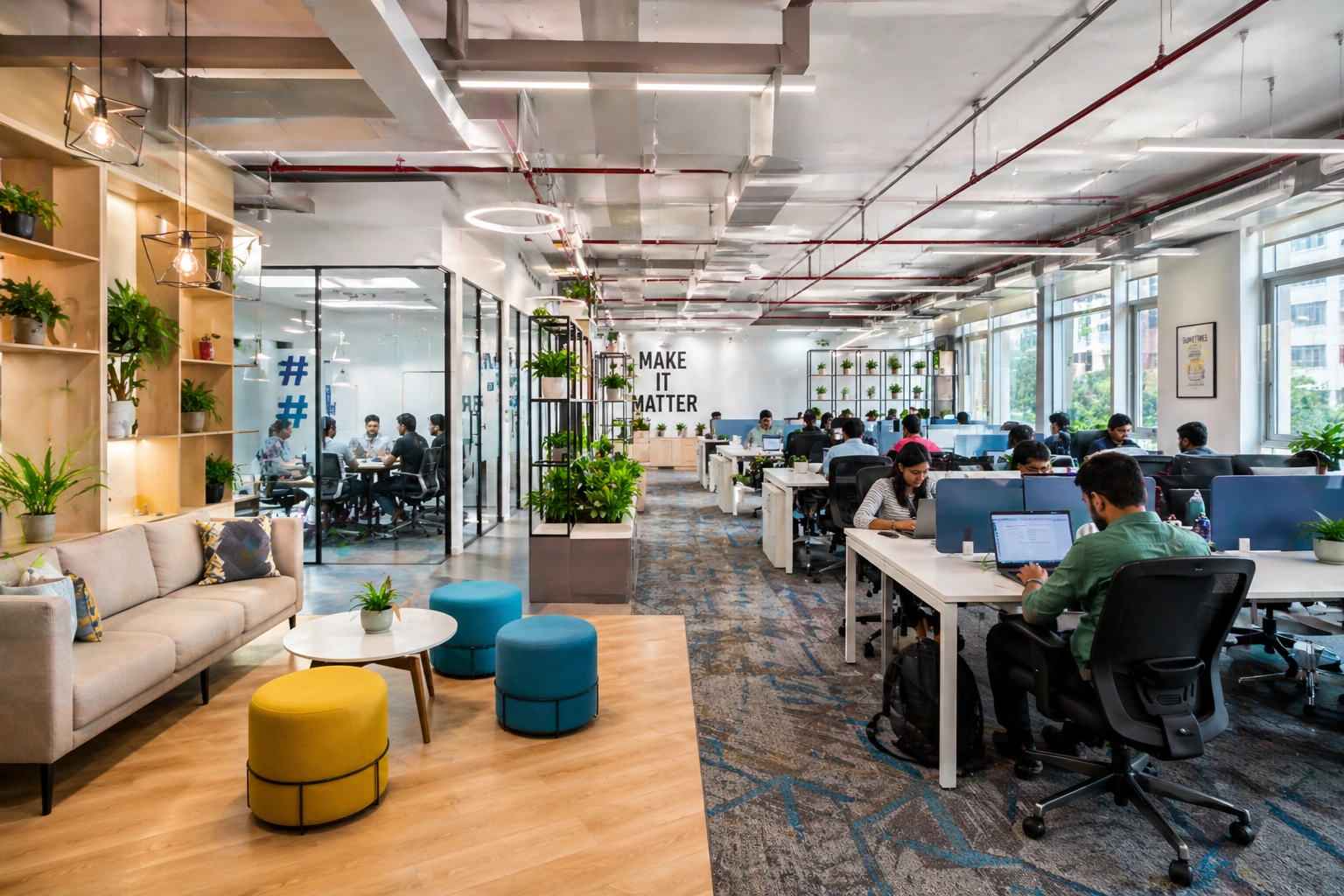 Modern startup office space in Pune with coworking desks and collaborative workspace setup.