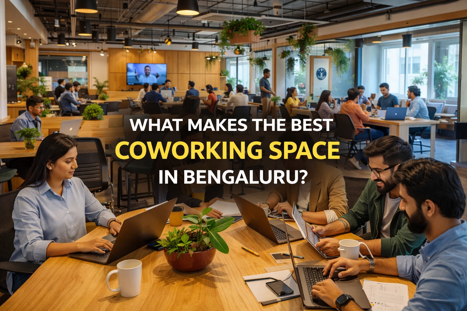 Modern coworking space in Bengaluru with open desks, meeting rooms and startup work environment