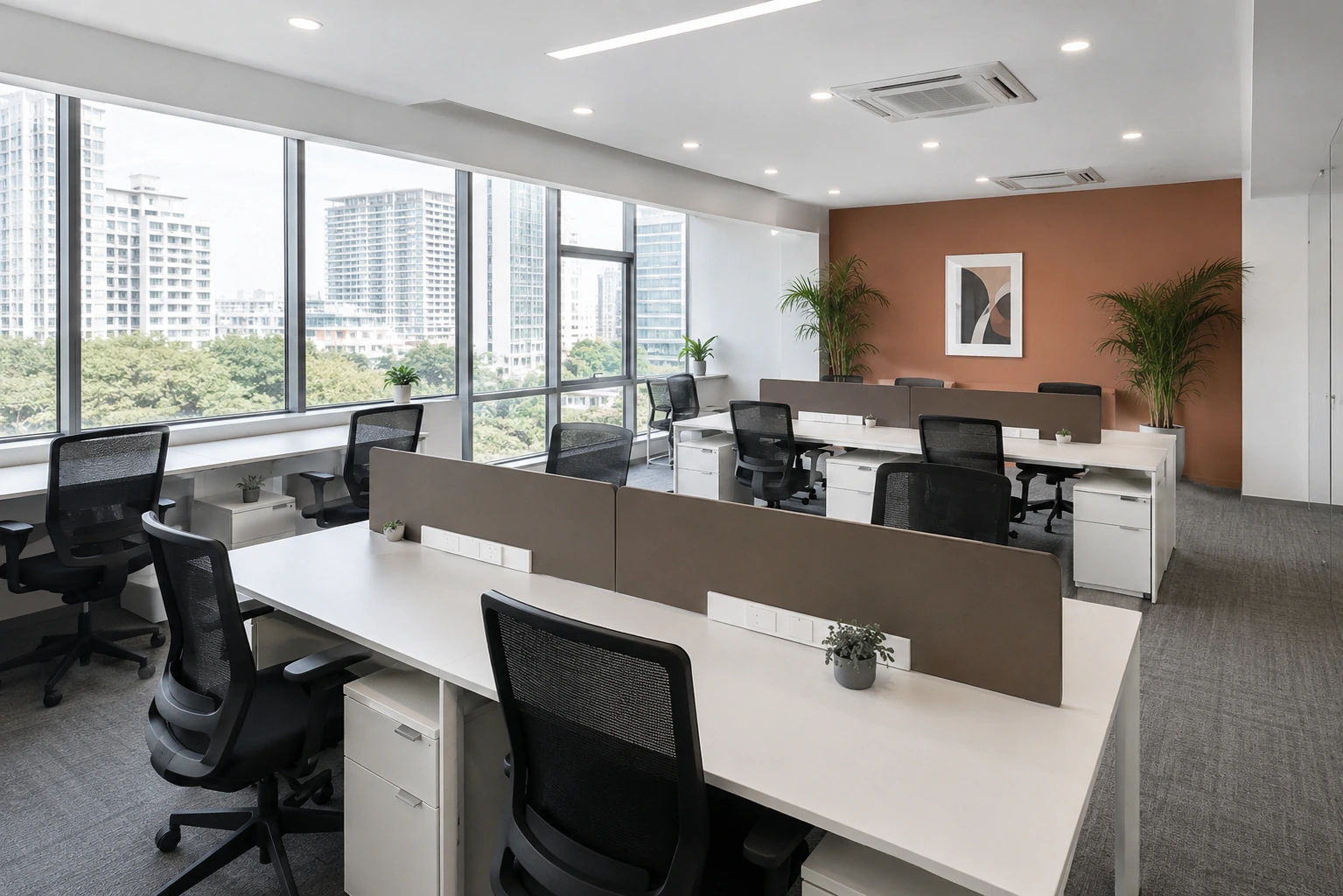 Modern coworking office space in Pune with furnished desks and flexible rental setup for startups.
