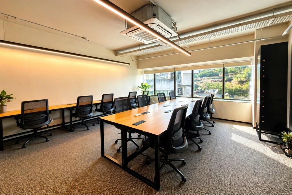 Professionals collaborating in Bootstart's modern coworking space in Baner, Pune with bright interiors.