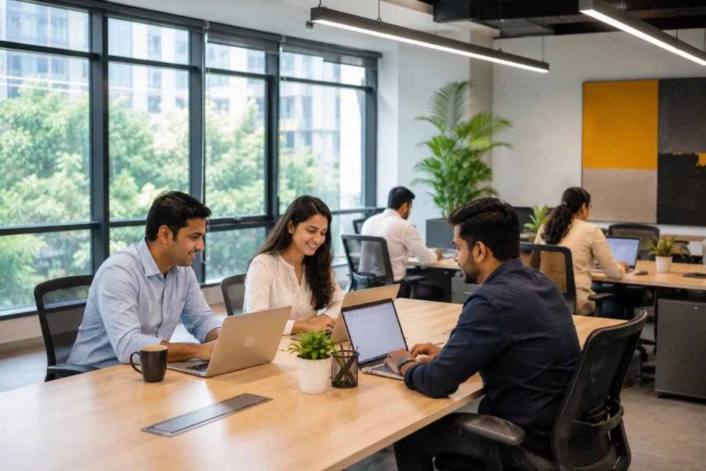 Modern co-working space with professionals working collaboratively in a bright and flexible office environment.