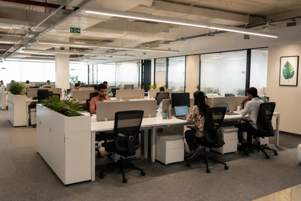 Modern managed office space with professionals collaborating in a bright, spacious, and fully equipped workplace in Pune.